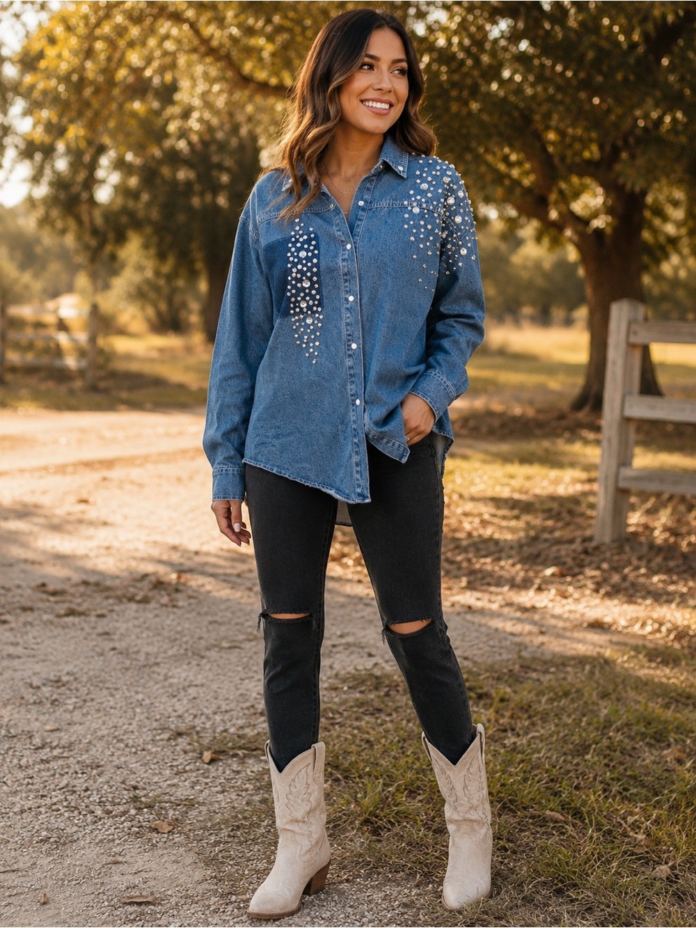 Blue Velvet Pearl-Embellished Blue Denim Jacket